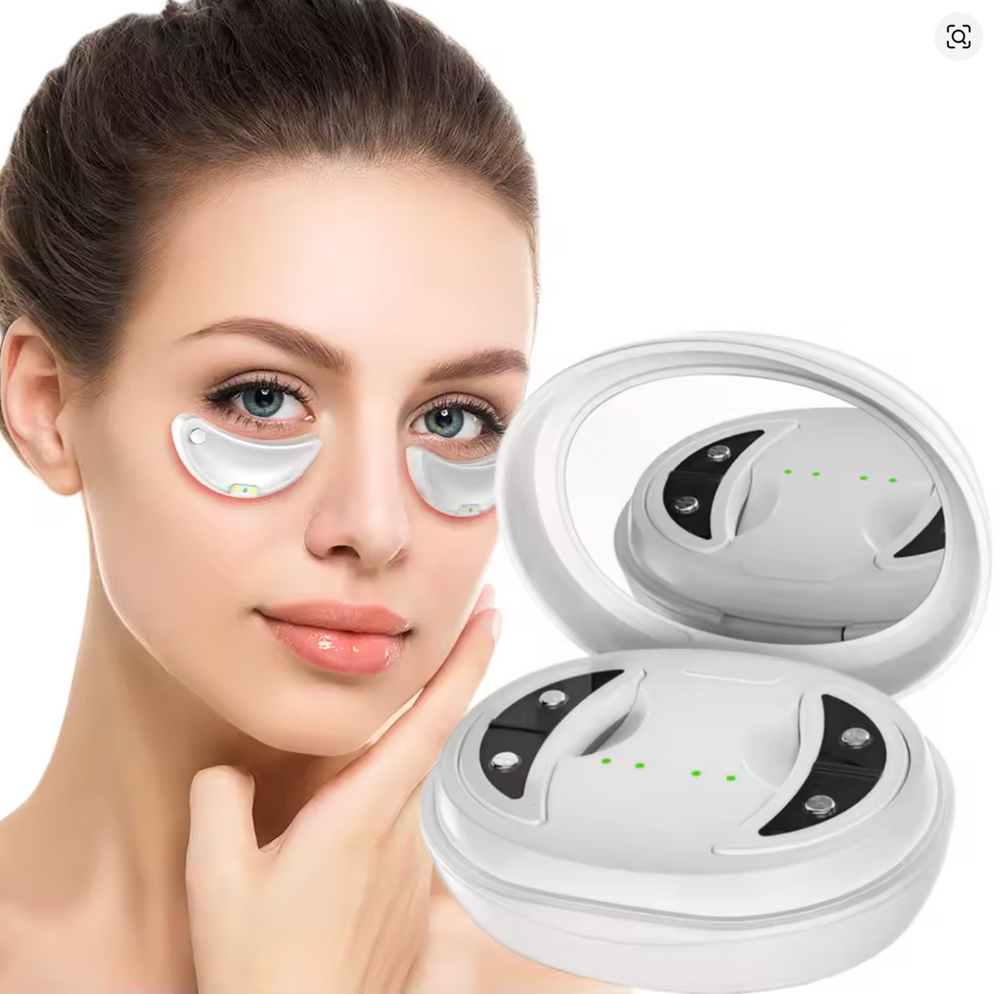 Model wearing both devices, with the open round charging case beside her