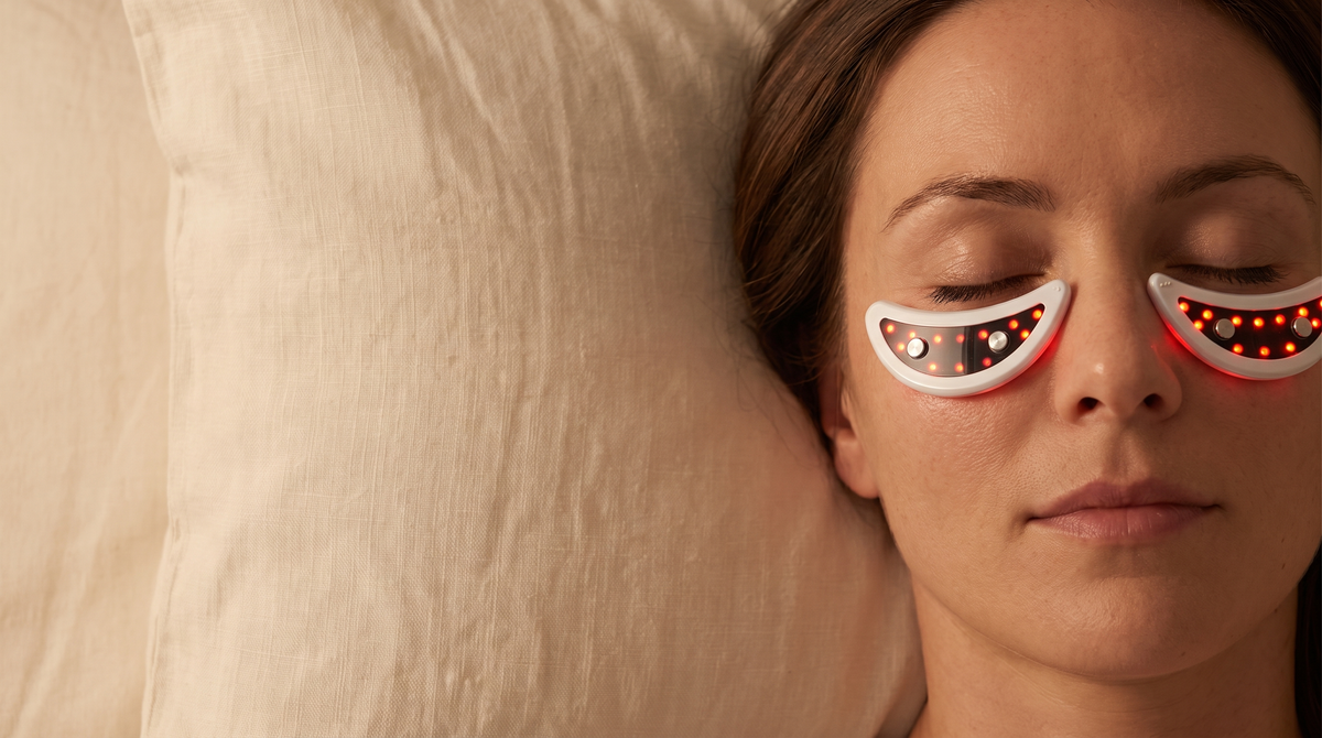 A woman lying on a pillow with her eyes closed, wearing The Rest under both eyes
