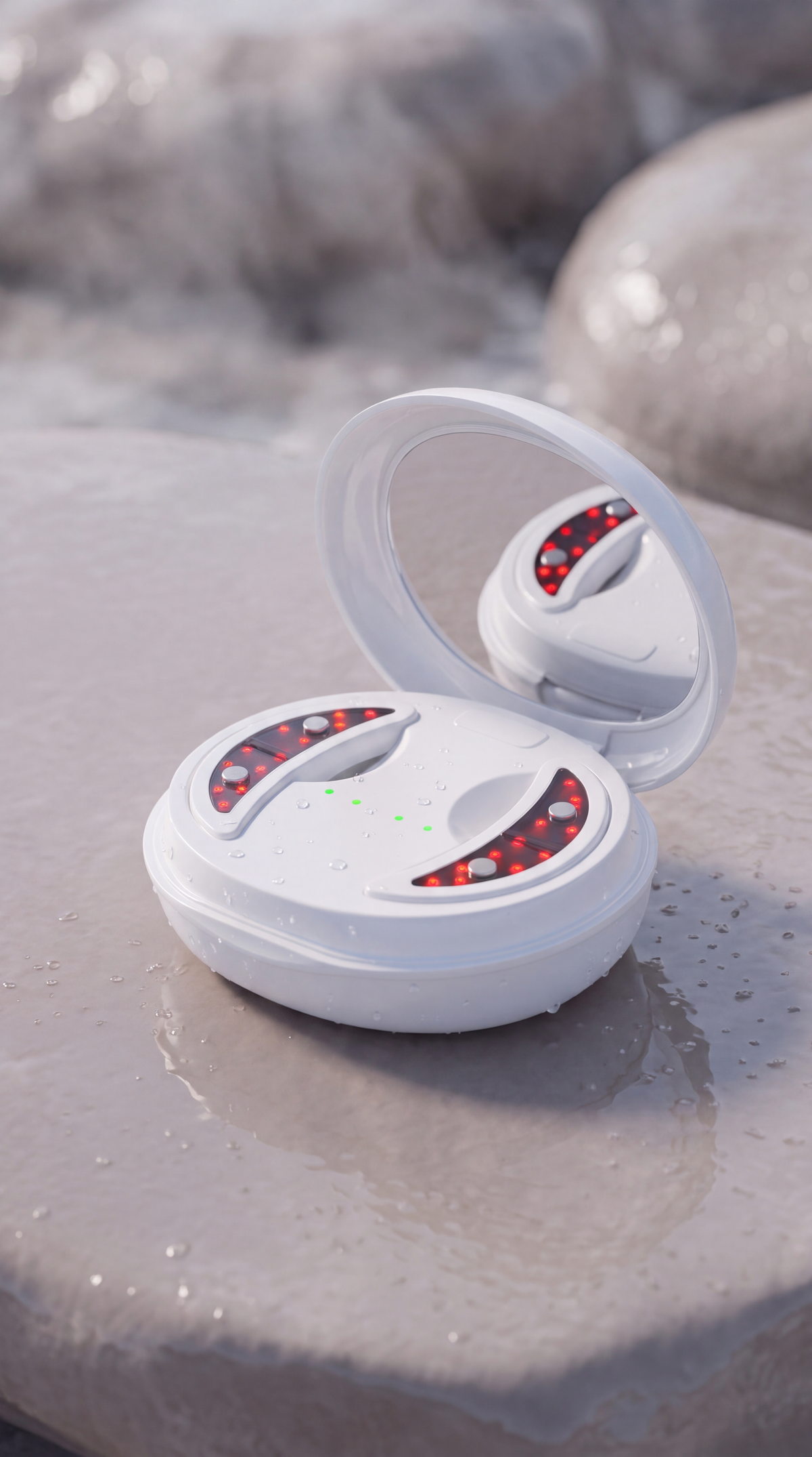 The Rest’s open white charging case holding both pads, on a wet grey stone