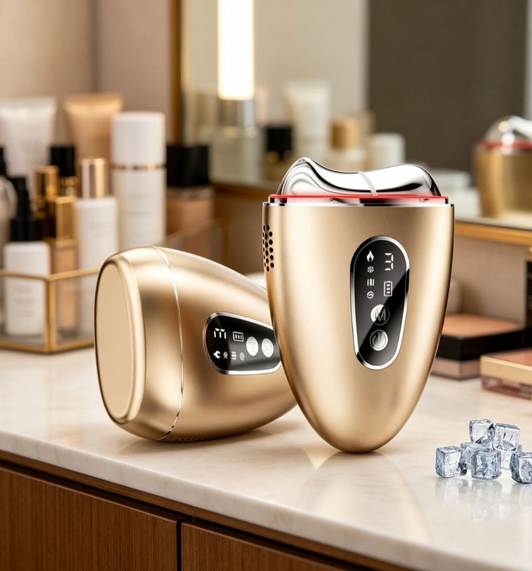 Two gold Sculpt devices on a bathroom vanity beside ice cubes